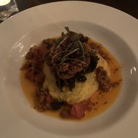 Southern Fried Maitake- creamy grits, creole butter, smoked sausage, collard greens (Valentine Special)  at Tree House in St Louis