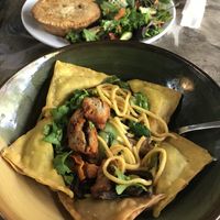 Wanton noodles and 'chicken’ curry potato pie  at Affinity Cafe in Roleystone