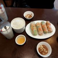 Cold Vietnamese rolls, Thai flavours stir-fry veges, and mushroom and pepper dried rice. at Nhi Nuong 2 Sisters  in Sunshine