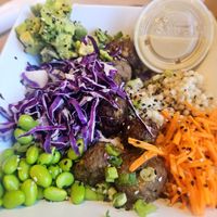 Fusion Bowl with Impossible Meatballs and Wasabi Ginger Dressing (vegan) at Tea Bar & Fusion Kitchen in Rocklin