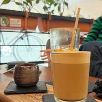 Flat white, espresso and lemon juice.  at Zërgë Coffeeshop in Budapest