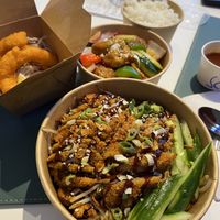 Jumbo lemon prawns, sweet n sour chicken, hoisin duck noodles  at WOK2VEGAN in Birmingham