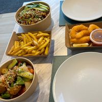 Jumbo prawns, Hoisin Duck Chow Mein, Sweet and Sour Chicken & chips. at WOK2VEGAN in Birmingham