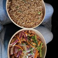 Spring onion fried rice and crispy shredded beef (expect a bit more meatyness rather than crispiness but still good!)  at WOK2VEGAN in Birmingham