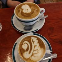 Flat white (bottom) and Dirty chai latte (top) at Apricot Coffee in Budapest