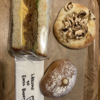Teritama sando, mushroom focaccia, soy cream pan. All delicious!!  at Earth Bakery in Yokohama