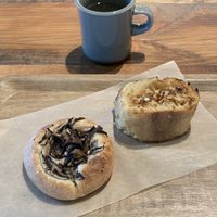 Mushroom focaccia, maple French toast, lemon ginger hot drink.  at Earth Bakery in Yokohama