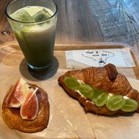 earth bakery fig danish, grape cream sandwich and iced oat milk matcha at Earth Bakery in Yokohama