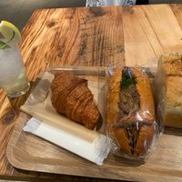 Peach soda, croissant, yakisoba sandwich, foccacia at Earth Bakery in Yokohama