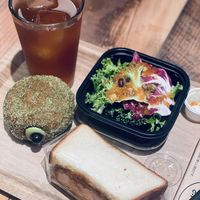 Katsu sandwich, salad, and donut  at Earth Bakery in Yokohama