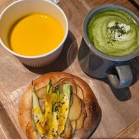 Soy matcha latte, soup of the day and potato and asparagus foccacia at Earth Bakery in Yokohama