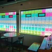 Colorful glass windows at Shroomlicious Meals in Memphis
