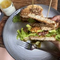Tempeh Reuben sandwich and freshly squeezed juice   at The Garden Kafe at The Yoga Barn in Ubud