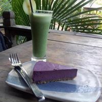 Raw vegan cheesecake & green smoothie! at The Garden Kafe at The Yoga Barn in Ubud