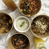 vegan noodles (spicy), vegan pad Thai, potato’s & eggplant + rice. Pineapple & Apple Juice   at Rau Ơi Eatery in Hoi An