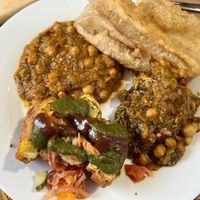 Bit of everything: chole bhature, bread pakora and samosa chaat   at Namaste Inbhir Nis  in Inverness
