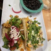 Bollywood taco with Chofu protein, Bowtie taco with spiced potato protein and side of black beans  at Crafted The Art of the Taco in Greensboro