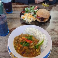 Vegetable sabji and vegan burger at Vieta in Vilnius