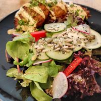 Zuchinni Patties with salad. Croquetas de zuchini at Vieta in Vilnius