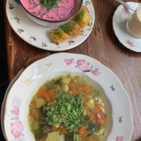Cold Beetroot soup, “fish” soup   at Vieta in Vilnius