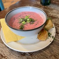 Cold beetroot soup (yum)  at Vieta in Vilnius