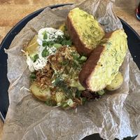 Mushrooms and new potatoes with garlic bread.  at Vieta in Vilnius