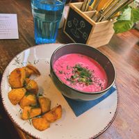 baltic-polish traditional summer pink cold soup at Vieta in Vilnius