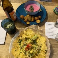 Nachos, beet soupp  at Vieta in Vilnius