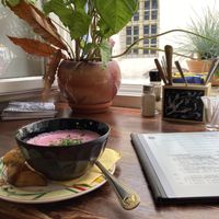 The spot at the window with the beetroot soup.  at Vieta in Vilnius