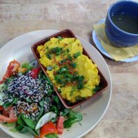 Shepherd's pie with a colourful and fresh side salad topped with seeds, and ginger tea at Vieta in Vilnius