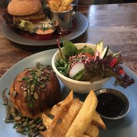 Tofu burger and nut steak at Vieta in Vilnius