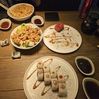 Not beef maki, watermelon tuna app, cauliflower app, fried rice at Bigan in Mexico City
