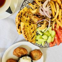 Mushroom gyros and tomato fritters 💚❤️  at Ta Kaloudia in Corfu