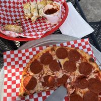 Vegan pepperoni pizza with vegan chz bread  at Nicky's Pizzeria in Lexington