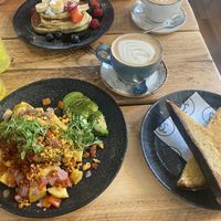 Vegan chorizo hash. Oat latte. Pancakes not vegan but there is a vegan option    at No33 in the Park in Norwich