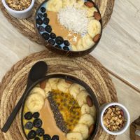 Delicious smoothie bowls! Super healthy (25 sol per bowl)  at La Biodega Cafe in Mancora