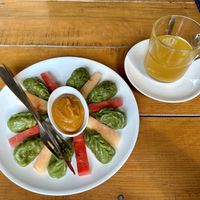 Pesto momos. So good!  at Places Restaurant and Bar in Kathmandu