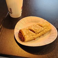 Vegan sausage roll and tea with oat milk at An Bácús in Miltown Malbay