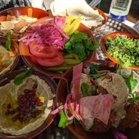 Shared plate for 2 people (falafel, hummus, baba ganoush, flatbread, 2 salads and some pickled vegetables) at Beirut Beirut in Munich