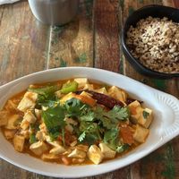 Spicy tofu with veggies and a side of rice   at Himalaya Tibetan Momo in Nyack