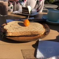 tosti w lentils and vegan cheese  at Tuincafe Botanica  in Utrecht