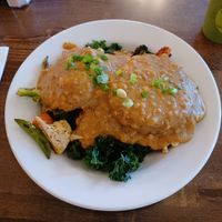 Biscuits and gravy over fresh vegetables 😋 at Harlow in Portland