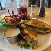 Grilled cheese with side salad and proud mary  at Harlow in Portland