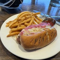 Cider bratwurst (sub Beyond brat, remove mustard aioli, gluten-free bun instead of milk bun)  at Acreage in Lafayette