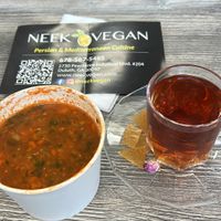 Soup and hot drink to beginn  at Neek Vegan in Duluth