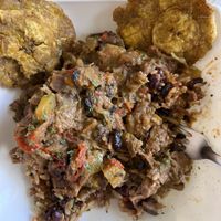 Caribbean rice and beans with patacones.  at Arbol de Seda in San Jose