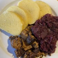 Vegan Seitin, potato pancakes and cabbage.   at Sicily Cafe in Prague