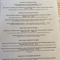 Today’s menu 5/25/23. The pepper soup, tempeh with potato dumplings were super.  at Sicily Cafe in Prague