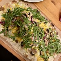 Pinsa Romana with oyster mushrooms  at Sicily Cafe in Prague