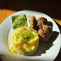 Bean nuggets with mashed potatoes at Sicily Cafe in Prague